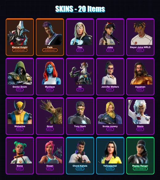 [PC/XBOX/PSN] | Eternal Knight | Fade | Thor | Jules | Slayer Juice WRLD | 20 skin | 27 pickaxe | 31 emote | 25 glider | Lv449