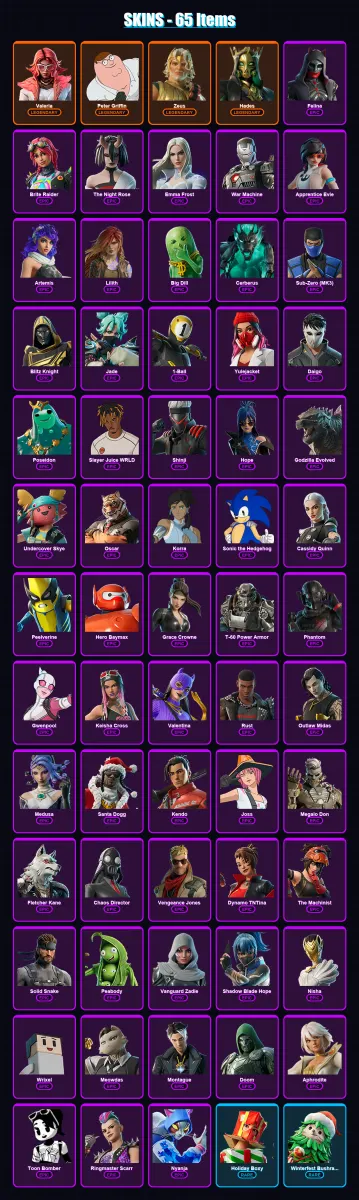 [PS4/PS5/XBOX/PC] | Valeria | Peter Griffin | Zeus | Hades | Felina | 65 skin | 116 pickaxe | 67 emote | 82 glider | Lv1241