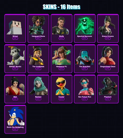 [PS4/PS5/XBOX/PC] | Wrixel | Vanguard Slone | Wolfe | Spectral Devourer | Grace Crowne | 16 skin | 22 pickaxe | 14 emote | 18 glider | Lv139