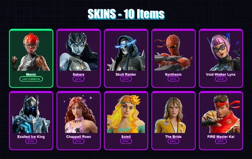 [PS4/PS5/XBOX/PC] | Manic | Sakara | Skull Raider | Synthesis | Void Walker Lynx | 10 skin | 8 pickaxe | 3 emote | 6 glider | Lv35