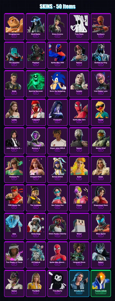 [PC/PSN] | Doughberman | Skull Raider | Grace Crowne | Toon Peely | Synthesis | 50 skin | 56 pickaxe | 23 emote | 26 glider | Lv251