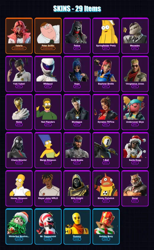[PS4/PS5/XBOX/PC] | Valeria | Peter Griffin | Felina | Springfielder Peely | Meowdas | 29 skin | 81 pickaxe | 49 emote | 57 glider | Lv936
