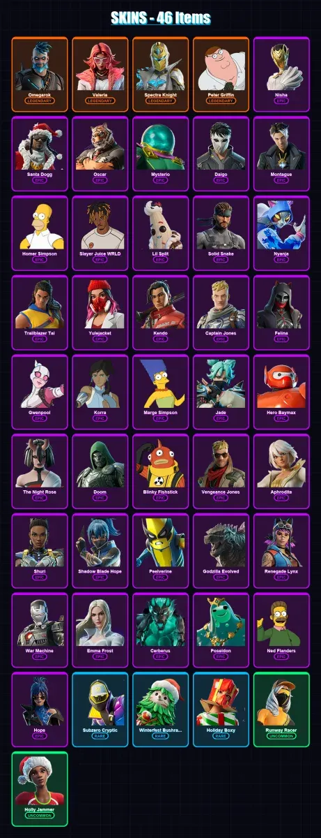 [PS4/PS5/XBOX/PC] | Omegarok | Valeria | Spectra Knight | Peter Griffin | Nisha | 46 skin | 78 pickaxe | 67 emote | 66 glider | Lv1315