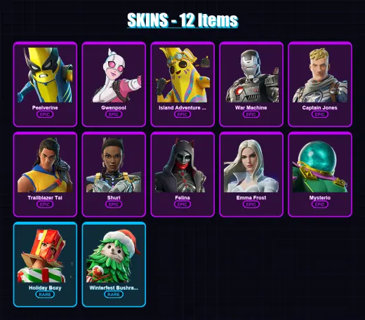 [PC/XBOX/PSN] | Peelverine | Gwenpool | Island Adventure Peely | War Machine | Captain Jones | 12 skin | 14 pickaxe | 10 emote | 12 glider | Lv650