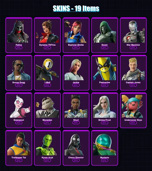 [PS4/PS5/XBOX/PC] | Felina | Dynamo TNTina | Explorer Emilie | Doom | War Machine | 19 skin | 33 pickaxe | 36 emote | 31 glider | Lv895