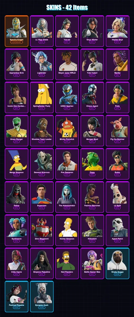 [PS4/PS5/XBOX/PC] | Spectra Knight | Lt. Ripp Slade | Yoo-mi | Onyx Winter | Haylee Skye | 42 skin | 90 pickaxe | 52 emote | 54 glider | Lv1192
