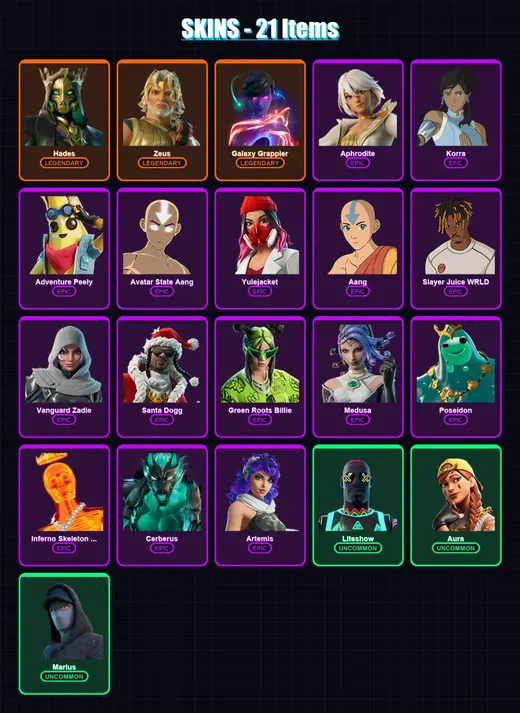 [PC/XBOX/PSN] | Hades | Zeus | Galaxy Grappler | Aphrodite | Korra | 21 skin | 49 pickaxe | 21 emote | 31 glider | Lv751 — Game account