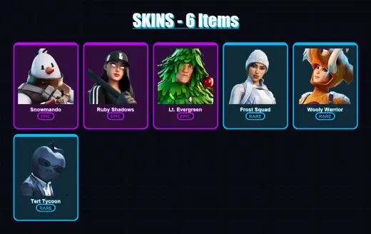 [PC/XBOX/PSN] | Snowmando | Ruby Shadows | Lt. Evergreen | Frost Squad | Wooly Warrior | 6 skin | 15 pickaxe | 14 emote | 17 glider | Lv330