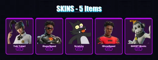 [SWITCH/XBOX/PSN/PC] | Yuki Yubari | ISuperSpeed | Scratchy | IShowSpeed | GHOST Monks | 5 skin | 16 pickaxe | 10 emote | 13 glider | Lv79