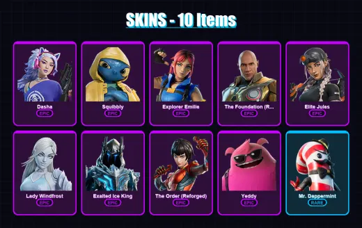 [PC/XBOX/PSN] | Dasha | Squibbly | Explorer Emilie | The Foundation (Reforged) | Elite Jules | 10 skin | 13 pickaxe | 7 emote | 14 glider | Lv92
