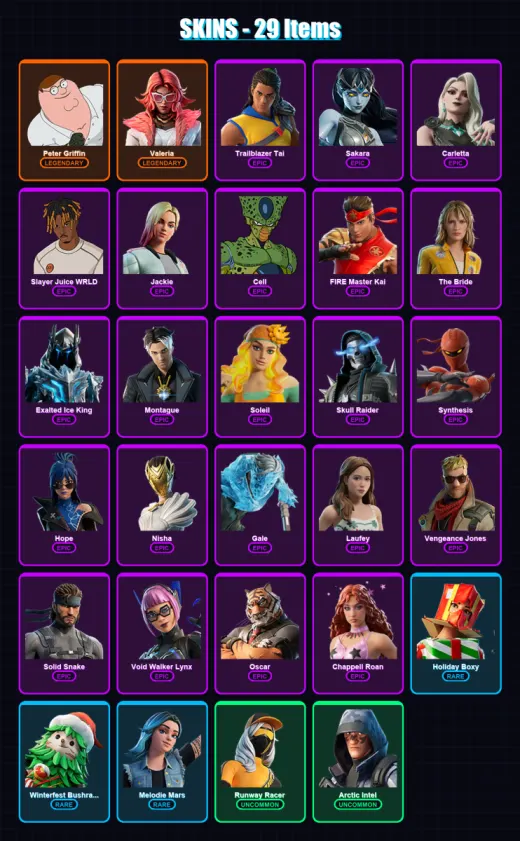 [PC/PSN] | Peter Griffin | Valeria | Trailblazer Tai | Sakara | Carletta | 29 skin | 28 pickaxe | 15 emote | 19 glider | Lv361