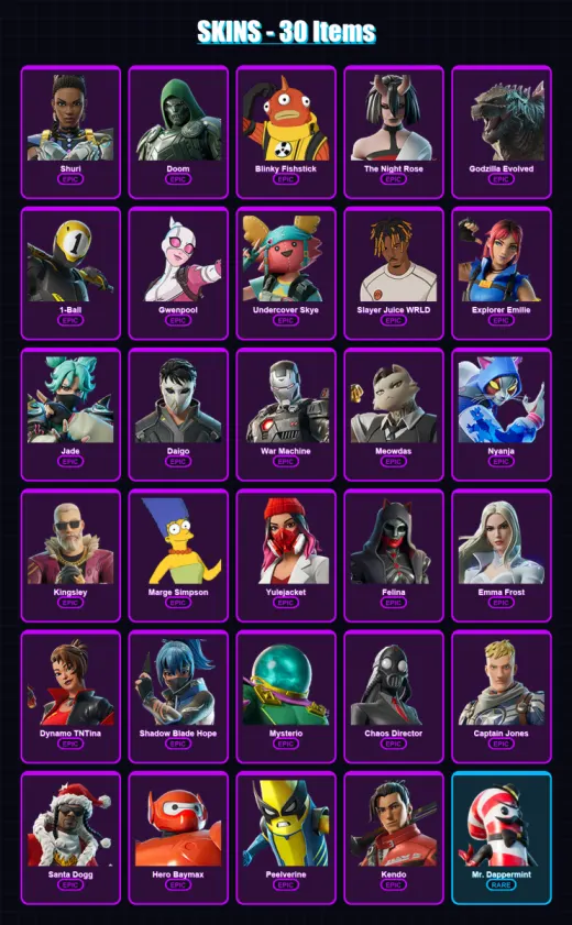 [PS4/PS5/XBOX/PC] | Shuri | Doom | Blinky Fishstick | The Night Rose | Godzilla Evolved | 30 skin | 44 pickaxe | 29 emote | 30 glider | Lv411