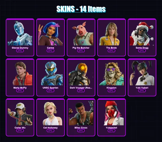 [PC/XBOX/PSN] | Glacial Dummy | Carina | Pig the Butcher | The Bride | Santa Dogg | 14 skin | 56 pickaxe | 27 emote | 41 glider | Lv780