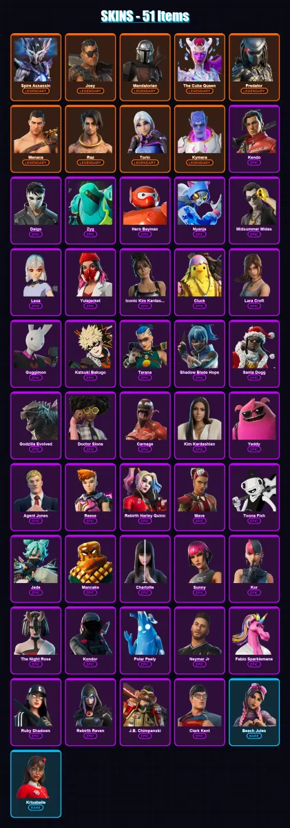 [PC] | Spire Assassin | Joey | Mandalorian | The Cube Queen | Predator | 51 skin | 86 pickaxe | 55 emote | 76 glider | Lv971