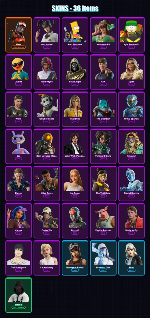 [PC] | Blaze | Yuki Yubari | Bart Simpson | Heatwave PJ | Kyle Broflovski | 36 skin | 77 pickaxe | 48 emote | 50 glider | Lv1102