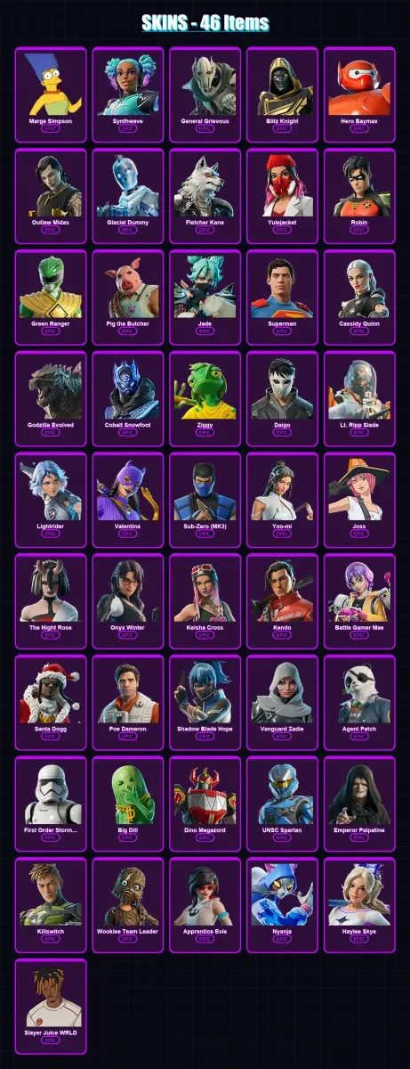 [PS4/PS5/XBOX/PC] | Marge Simpson | Synthwave | General Grievous | Blitz Knight | Hero Baymax | 46 skin | 98 pickaxe | 55 emote | 61 glider | Lv699