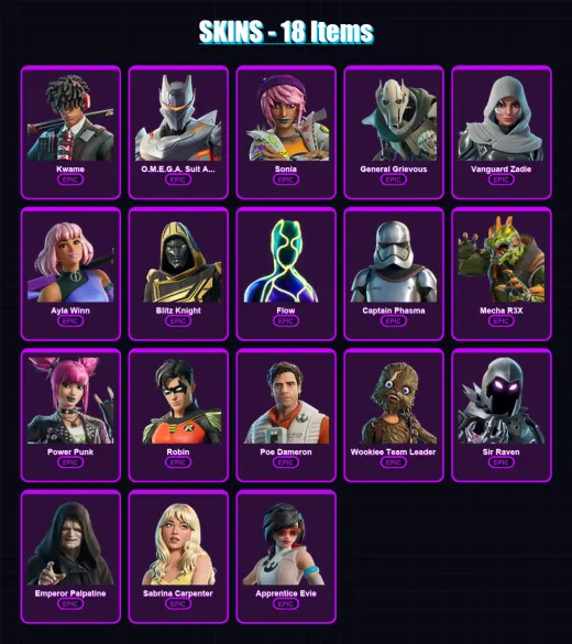 [PC] | Kwame | O.M.E.G.A. Suit Alpha | Sonia | General Grievous | Vanguard Zadie | 18 skin | 49 pickaxe | 26 emote | 31 glider | Lv394