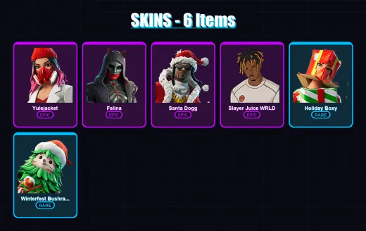 [PC/PSN] | Yulejacket | Felina | Santa Dogg | Slayer Juice WRLD | Holiday Boxy | 6 skin | 45 pickaxe | 16 emote | 22 glider | Lv501