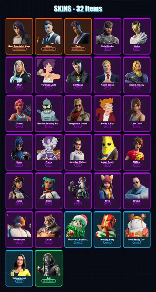 [PC/PSN] | Gear Specialist Maya | Midas | Fade | Solid Snake | Nisha | 32 skin | 49 pickaxe | 37 emote | 56 glider | Lv873