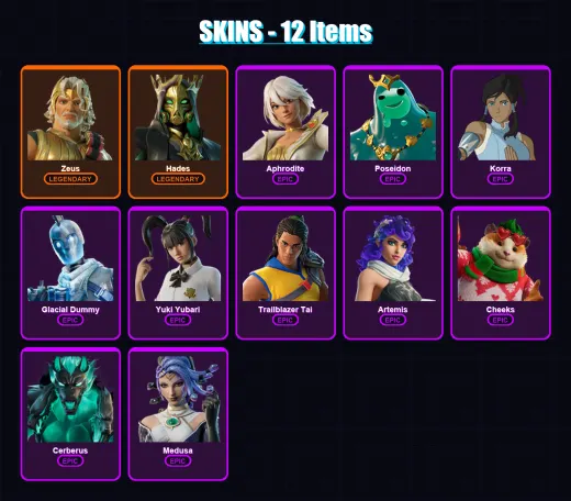 [PC/XBOX/PSN] | Zeus | Hades | Aphrodite | Poseidon | Korra | 12 skin | 49 pickaxe | 27 emote | 32 glider | Lv639