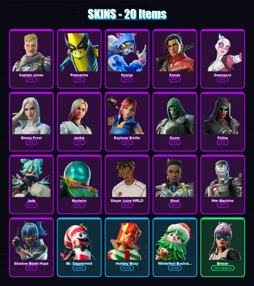 [PC/XBOX/PSN] | Captain Jones | Peelverine | Nyanja | Kendo | Gwenpool | 20 skin | 34 pickaxe | 26 emote | 28 glider | Lv528