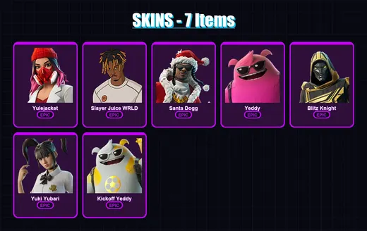 [PC] | Yulejacket | Slayer Juice WRLD | Santa Dogg | Yeddy | Blitz Knight | 7 skin | 37 pickaxe | 13 emote | 21 glider | Lv226