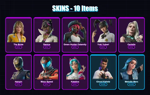 [PC/PSN] | The Bride | Danica | Omen Hunter Calamity | Yuki Yubari | Carletta | 10 skin | 11 pickaxe | 2 emote | 8 glider | Lv55