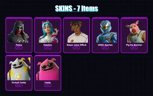 [PC/XBOX/PSN] | Felina | Katalina | Slayer Juice WRLD | UNSC Spartan | Pig the Butcher | 7 skin | 42 pickaxe | 17 emote | 28 glider | Lv607
