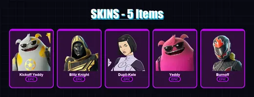 [PC/XBOX/PSN] | Kickoff Yeddy | Blitz Knight | Dupli-Kate | Yeddy | Burnoff | 5 skin | 31 pickaxe | 11 emote | 19 glider | Lv231
