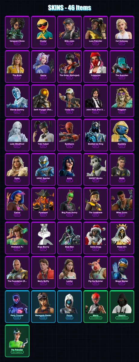 [PS4/PS5/XBOX/PC] | Vanguard Slone | Cluster | Elite Jules | Luxe Patroller | Cat Holloway | 46 skin | 96 pickaxe | 51 emote | 61 glider | Lv981