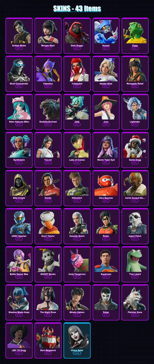 [PS4/PS5/XBOX/PC] | Outlaw Midas | Morgan Myst | Dark Doggo | Nyanja | Ziggy | 43 skin | 84 pickaxe | 51 emote | 52 glider | Lv649