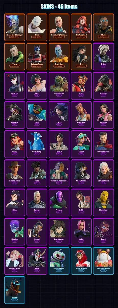 [PC/PSN] | Renzo the Destroyer | Snap | Paradigm (Reality-659) | The Imagined | Malik | 46 skin | 65 pickaxe | 38 emote | 56 glider | Lv598