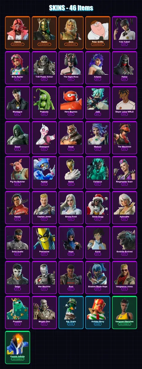 [PC/XBOX/PSN] | Valeria | Hades | Zeus | Peter Griffin | Yuki Yubari | 46 skin | 94 pickaxe | 58 emote | 68 glider | Lv1224