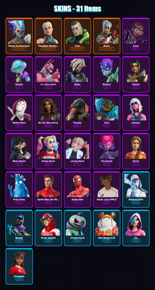 [PC/PSN] | Renzo the Destroyer | Paradigm (Reality-659) | Twyn | Ronin | Imani | 31 skin | 55 pickaxe | 33 emote | 48 glider | Lv748