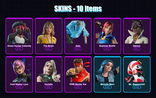[PC/PSN] | Omen Hunter Calamity | The Bride | Gale | Explorer Emilie | Danica | 10 skin | 6 pickaxe | 3 emote | 5 glider | Lv37 — Game account
