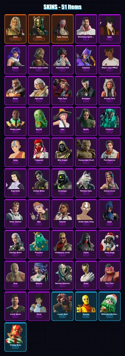 [PC/XBOX/PSN] | Zeus | Hades | Kado Thorne | Streetwear Spark Messi | Zuko | 51 skin | 108 pickaxe | 72 emote | 70 glider | Lv1284 — Game account