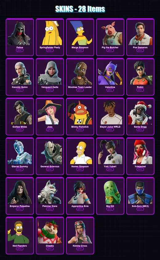[PS4/PS5/XBOX/PC] | Felina | Springfielder Peely | Marge Simpson | Pig the Butcher | Poe Dameron | 28 skin | 88 pickaxe | 45 emote | 55 glider | Lv8