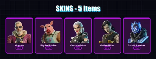 [PS4/PS5/XBOX/PC] | Kingsley | Pig the Butcher | Cassidy Quinn | Outlaw Midas | Cobalt Snowfoot | 5 skin | 23 pickaxe | 9 emote | 12 glider | Lv101 — Game account