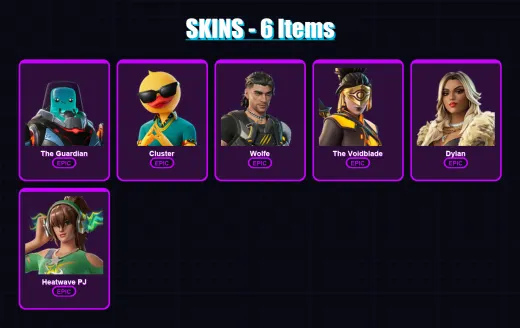 [PS4/PS5/XBOX/PC] | The Guardian | Cluster | Wolfe | The Voidblade | Dylan | 6 skin | 11 pickaxe | 12 emote | 11 glider | Lv75