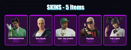 [PC/XBOX/PSN] | CHROMAKOPIAN | Slim Shady | Tyler, The Creator | Rap Boy | Yuki Yubari | 5 skin | 11 pickaxe | 7 emote | 8 glider | Lv43 — Game account