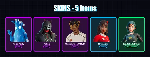 [PS4/PS5/XBOX/PC] | Polar Peely | Felina | Slayer Juice WRLD | Krisabelle | Sandshark Driver | 5 skin | 51 pickaxe | 24 emote | 41 glider | Lv638