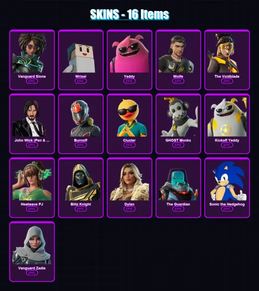 [PC/XBOX/PSN] | Vanguard Slone | Wrixel | Yeddy | Wolfe | The Voidblade | 16 skin | 54 pickaxe | 24 emote | 33 glider | Lv465