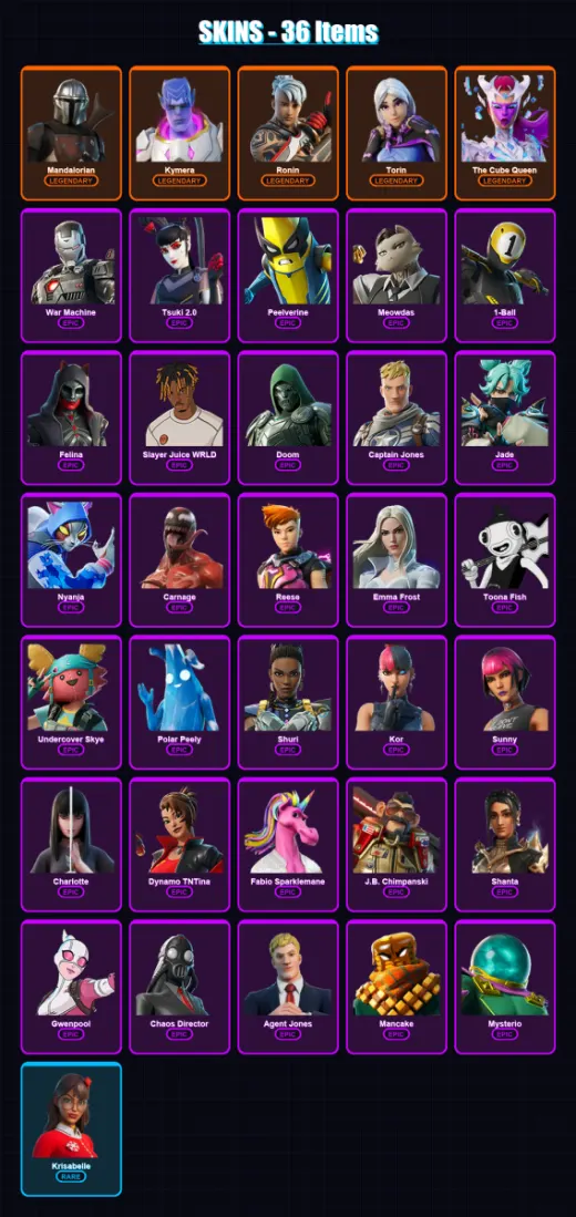[SWITCH/XBOX/PC] | Mandalorian | Kymera | Ronin | Torin | The Cube Queen | 36 skin | 44 pickaxe | 32 emote | 36 glider | Lv456