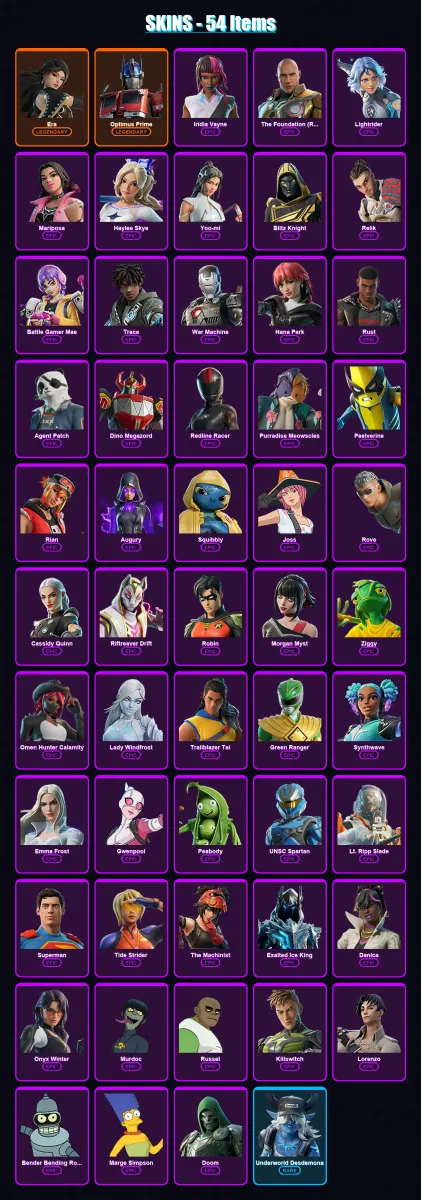 [PC/XBOX] | Era | Optimus Prime | Iridia Vayne | The Foundation (Reforged) | Lightrider | 54 skin | 98 pickaxe | 57 emote | 65 glider | Lv1123 — Game account