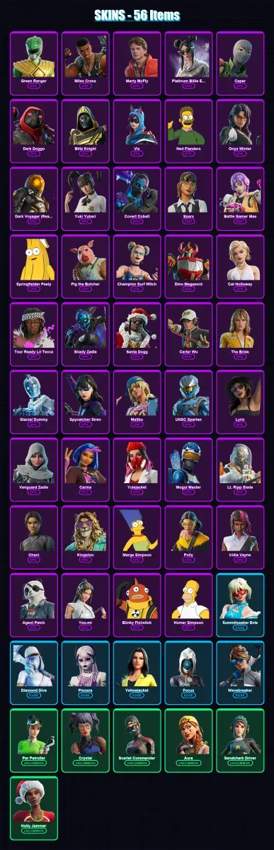 [PS4/PS5/XBOX/PC] | Green Ranger | Miles Cross | Marty McFly | Platinum Billie Eilish | Caper | 56 skin | 122 pickaxe | 53 emote | 60 glider | Lv179