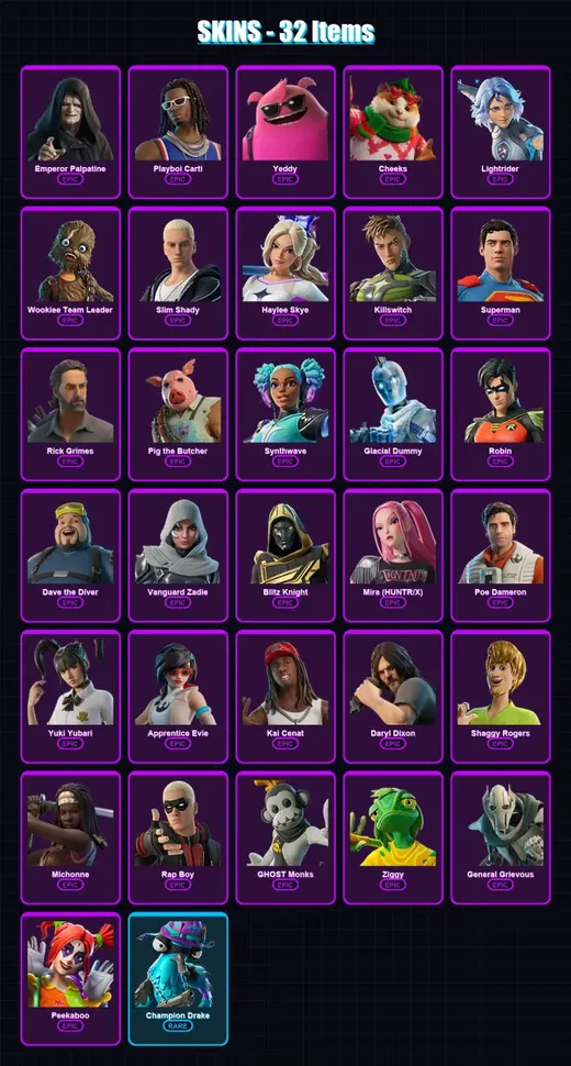 [PC/XBOX/PSN] | Emperor Palpatine | Playboi Carti | Yeddy | Cheeks | Lightrider | 32 skin | 83 pickaxe | 48 emote | 51 glider | Lv648