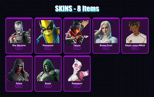 [PC/PSN] | War Machine | Peelverine | Tatsuo | Emma Frost | Slayer Juice WRLD | 8 skin | 21 pickaxe | 14 emote | 19 glider | Lv263