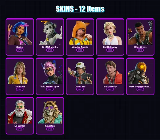[PS4/PS5/XBOX/PC] | Carina | GHOST Monks | Wonder Onesie | Cat Holloway | Miles Cross | 12 skin | 30 pickaxe | 18 emote | 22 glider | Lv348