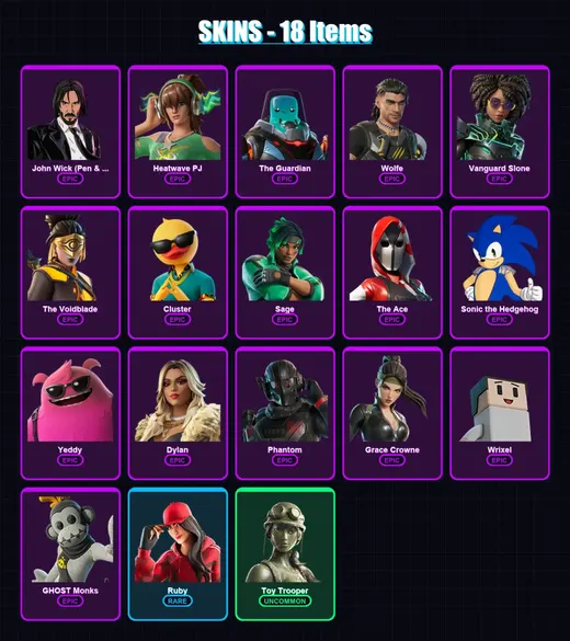 [PC/XBOX] | John Wick (Pen & Ink) | Heatwave PJ | The Guardian | Wolfe | Vanguard Slone | 18 skin | 27 pickaxe | 15 emote | 21 glider | Lv270 — Game account