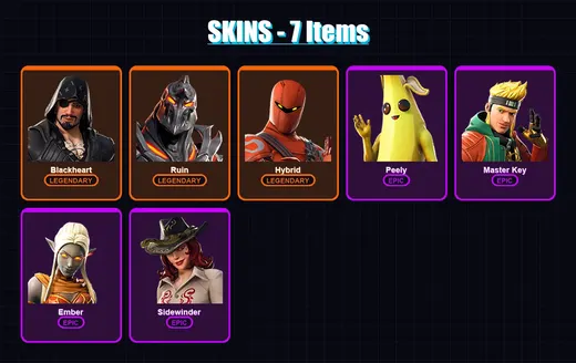 [PS4/PS5/XBOX/PC] | Blackheart | Ruin | Hybrid | Peely | Master Key | 7 skin | 8 pickaxe | 14 emote | 13 glider | Lv139 — Game account